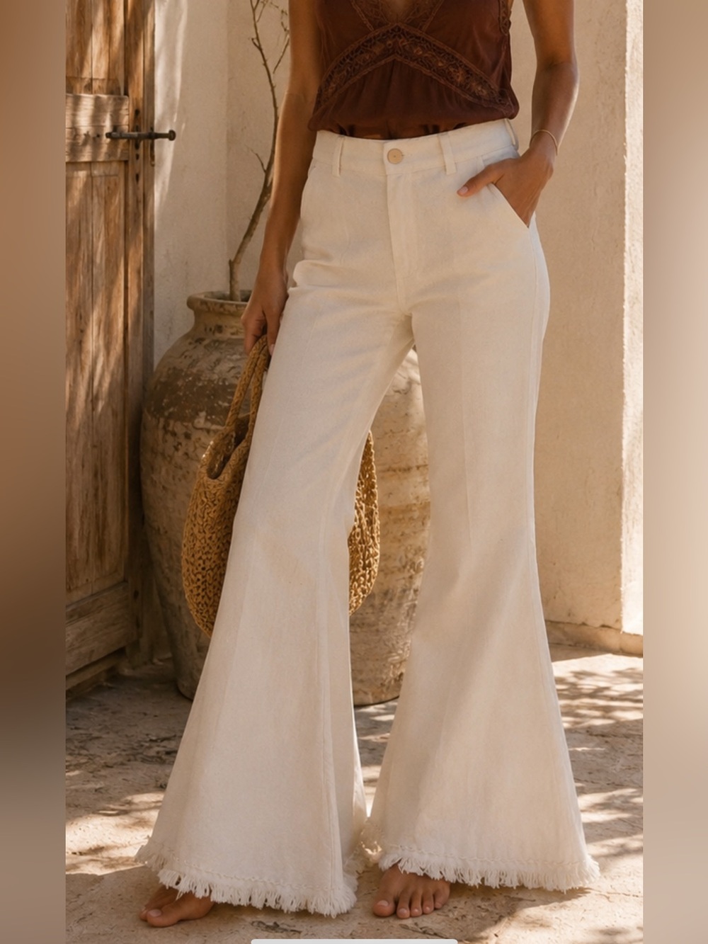 LA TROUPE Tulum Linen Blend Flare Pants Ivory Boho Resort Coastal Quiet Luxury - Picture 2 of 11